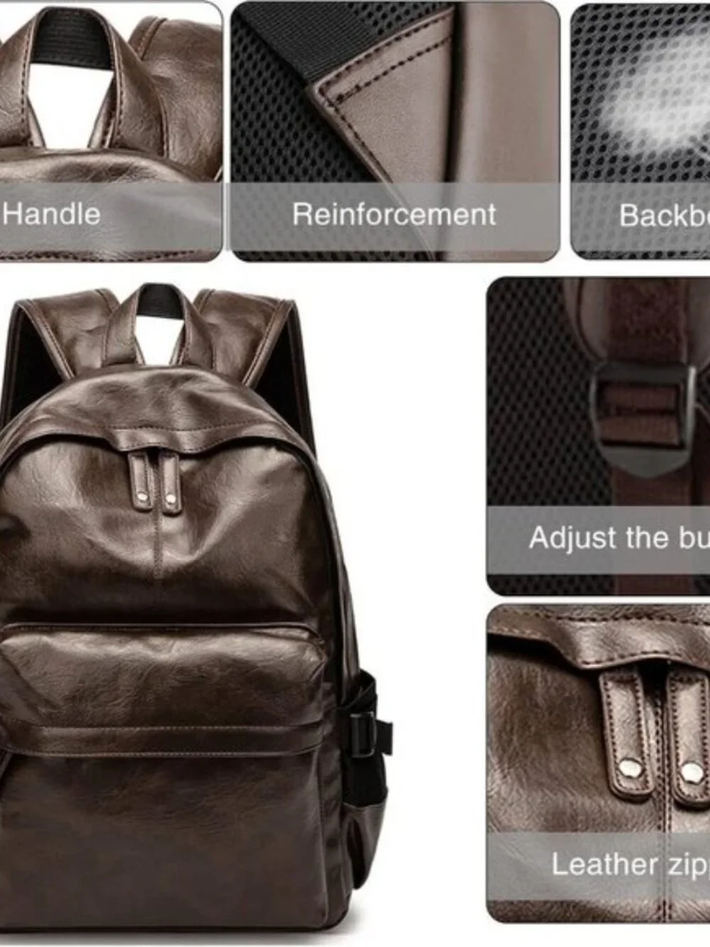 Men's Brown PU Leather Laptop Backpack Vintage Travel College Bookbag 15.6